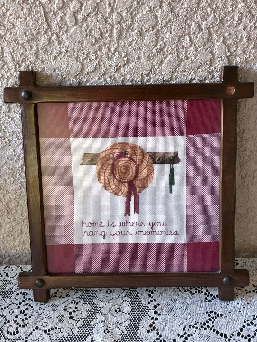 Vintage Home Is Where You Hang Your Memories Cross Stitch Wall Art in Wood Frame